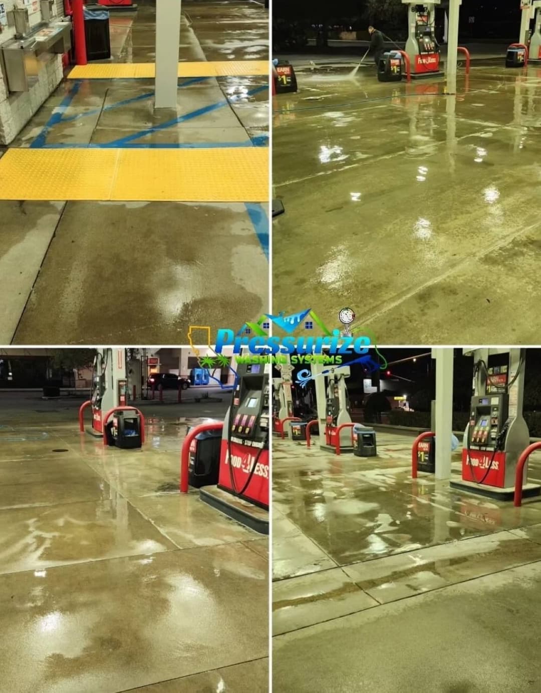 Cleaned gas station with shiny floors and well-maintained fuel pump area at night.
